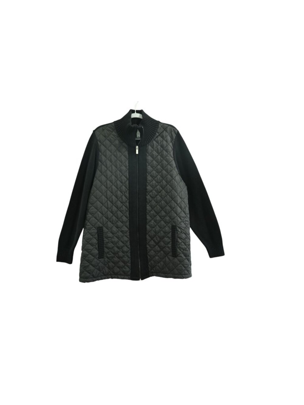 Denim & Co. Quilted Woven-Front Sweater Jacket Sz 1X Black QVC A388198 Full Zip